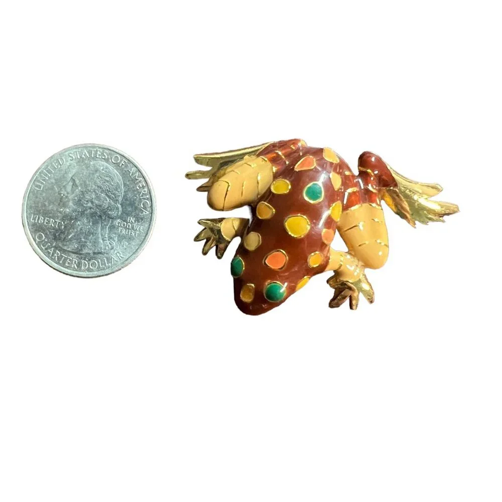 Frog Brooch Brown Enamel Pendant Green Yellow‎ Spots Gold Tone